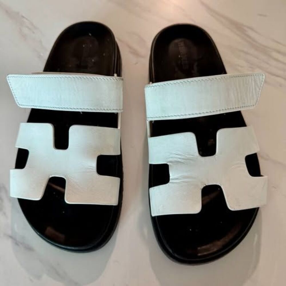 HERMÈS Chypre Calfskin Women’s Sandals White/Black Size 37 - Picture 1 of 4